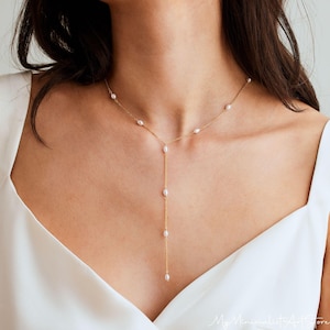 Minimalist Pearl Lariat Necklace, Freshwater Pearl Necklace, Tiny Pearl Drop Necklace, Bridal Y Necklace, Wedding Necklace, Bridesmaid Gift