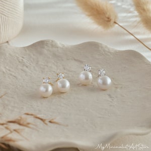 Sterling zilveren parel Stud Oorbellen, sierlijke CZ diamanten oorbellen, minimalistische oorbellen, bruidsoorbellen, huwelijksjuwelen, bruidsmeisje cadeau afbeelding 5