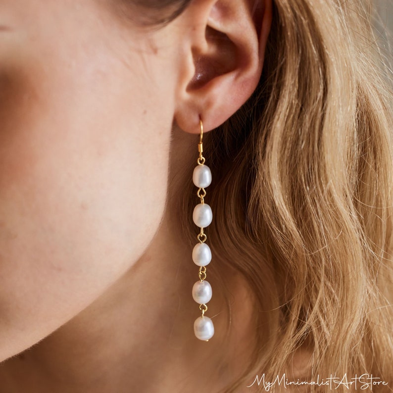 Real Freshwater Pearl Drop Earrings, Long Pearl Earrings, Gold Pearl Dangle Earrings, Wedding Earrings, Bridal Jewelry, Bridesmaid Gift image 5