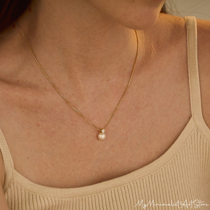 Dainty Freshwater Pearl Necklace with CZ Diamond, Minimalist Necklace, Bridal Necklace, Necklace for Women, Wedding Jewelry, Bridesmaid Gift image 7