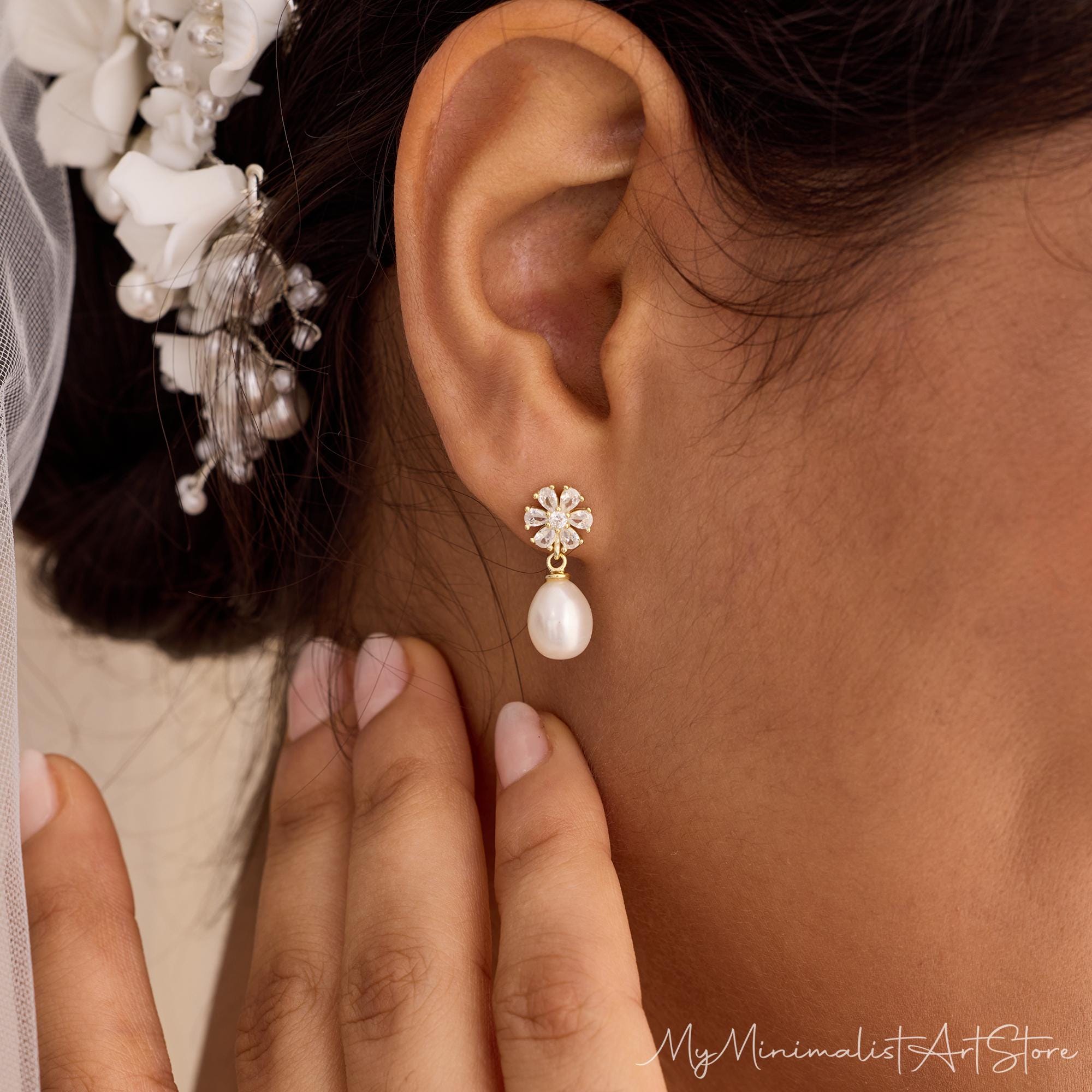 Natural Freshwater Pearl Diamond Earrings, Pearl Stud Flower Earrings,…