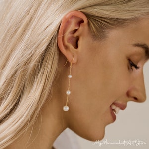 Boucles d'oreilles pendantes en perles d'eau douce, Boucles d'oreilles pendantes en perles, Boucles d'oreilles de mariée faites main, Boucles d'oreilles longues en perles, Boucles d'oreilles de mariage, Cadeau de demoiselle d'honneur image 6