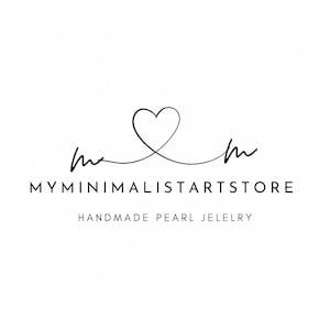 Puede incluir: Un logotipo para una tienda llamada "My Minimalist Art Store" que vende joyas de perlas hechas a mano. El logotipo presenta un corazón estilizado con las letras "m" a cada lado.