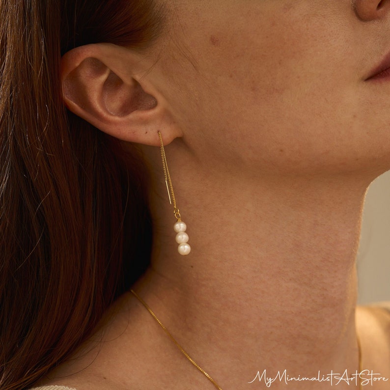 Freshwater Long Pearl Drop Earrings, Gold Pearl Earrings, Minimalist Wedding Jewelry, Bridal Earrings, Bridesmaid Gift, Christmas Gift image 8