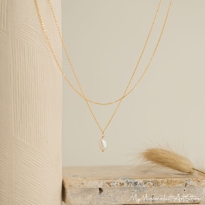 Kleine Süßwasserperle Halskette, Doppelschicht Perlenkette, Gold Perle Tropfen Halskette, Minimalistische Halskette, Hochzeitsschmuck, Brautjungfer Geschenk Bild 2