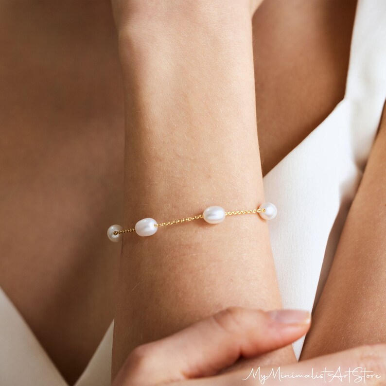 Simple Freshwater Pearl Bracelet, Wedding Bracelet, Pearl Beaded Bracelet, Bridal Jewelry,Bridesmaid Gift,Birthday Gift for Her,Gift for Mom image 4