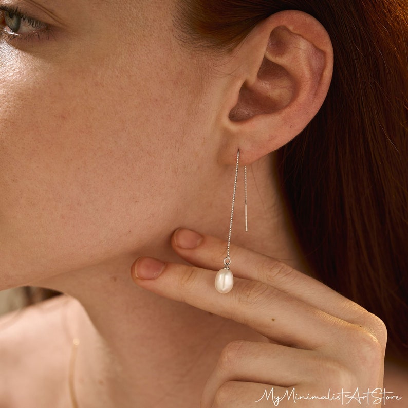 Dainty Teardrop Pearl Earrings, Sterling Silver Pearl Earrings, Long Chain Earrings, Wedding Jewelry, Bridal Earrings, Bridesmaid Gifts image 7