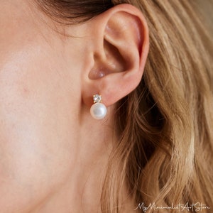 Boucles d'oreilles en argent sterling avec perles, boucles d'oreilles délicates avec diamants CZ, boucles d'oreilles minimalistes, boucles d'oreilles de mariée, bijoux de mariage, cadeau de demoiselle d'honneur image 3