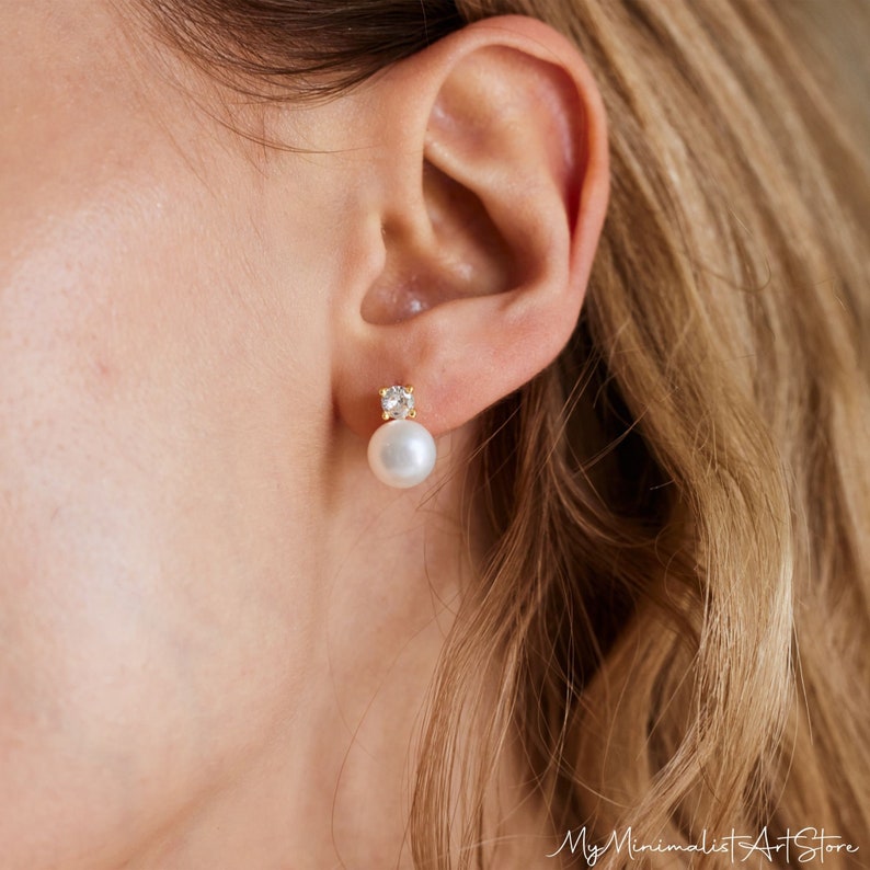 Boucles d'oreilles en argent sterling avec perles, boucles d'oreilles délicates avec diamants CZ, boucles d'oreilles minimalistes, boucles d'oreilles de mariée, bijoux de mariage, cadeau de demoiselle d'honneur image 3