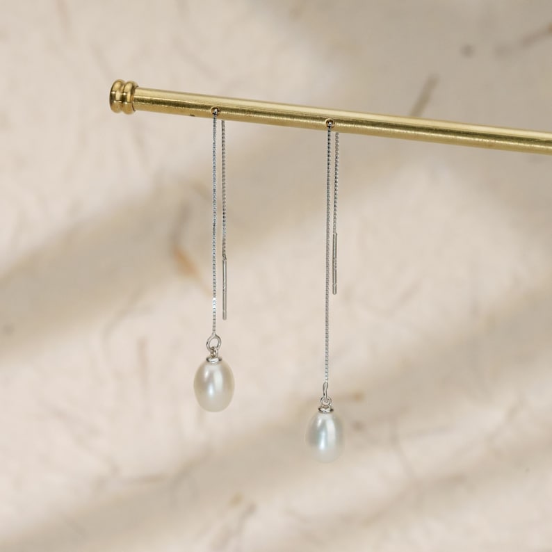 Dainty Teardrop Pearl Earrings, Sterling Silver Pearl Earrings, Long Chain Earrings, Wedding Jewelry, Bridal Earrings, Bridesmaid Gifts image 6