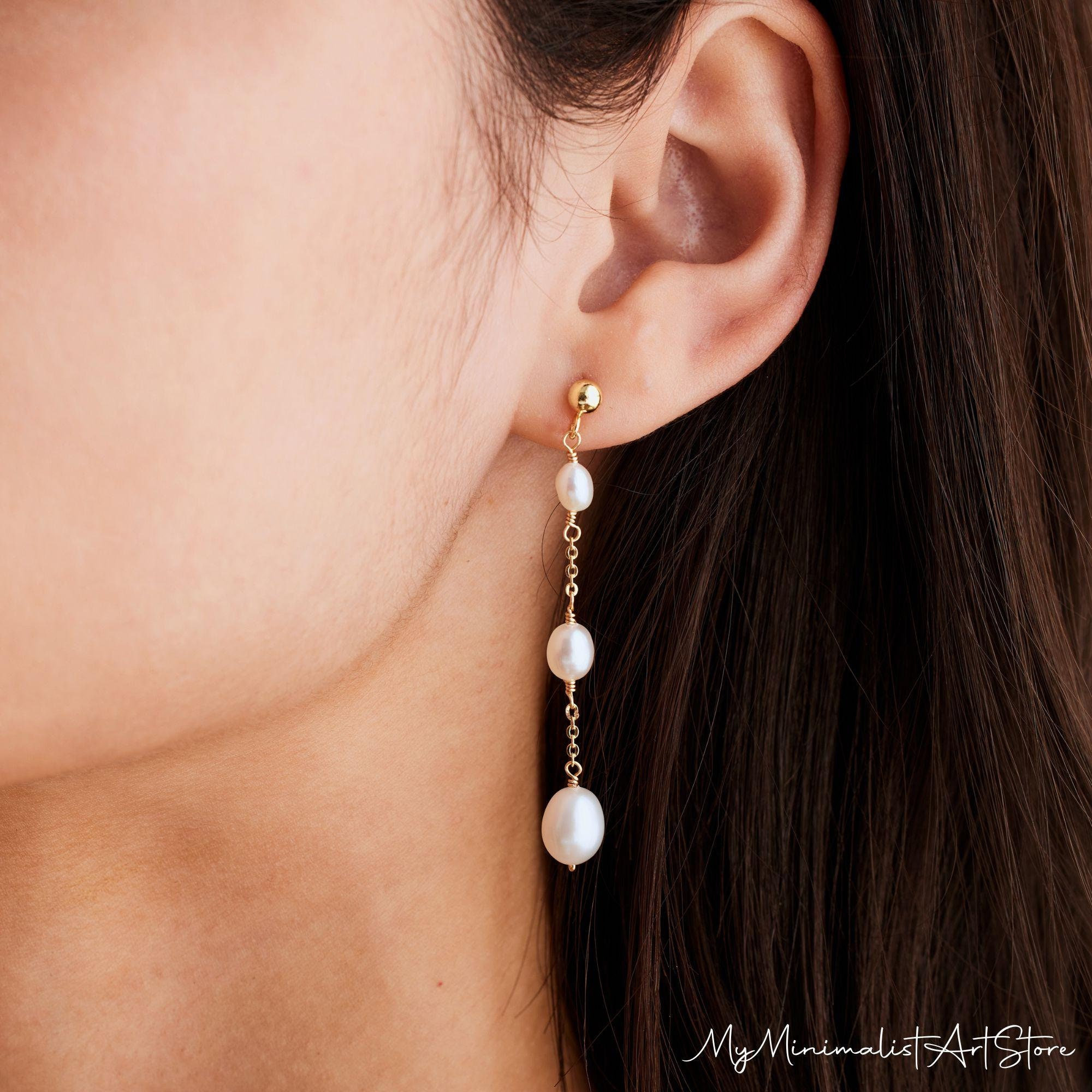 Dainty Pearl Drop Earrings, Real Freshwater Pearl Earrings, Dangle Earrings, Wedding Earrings for Brides, Bridal Jewelry, Bridesmaid Gift