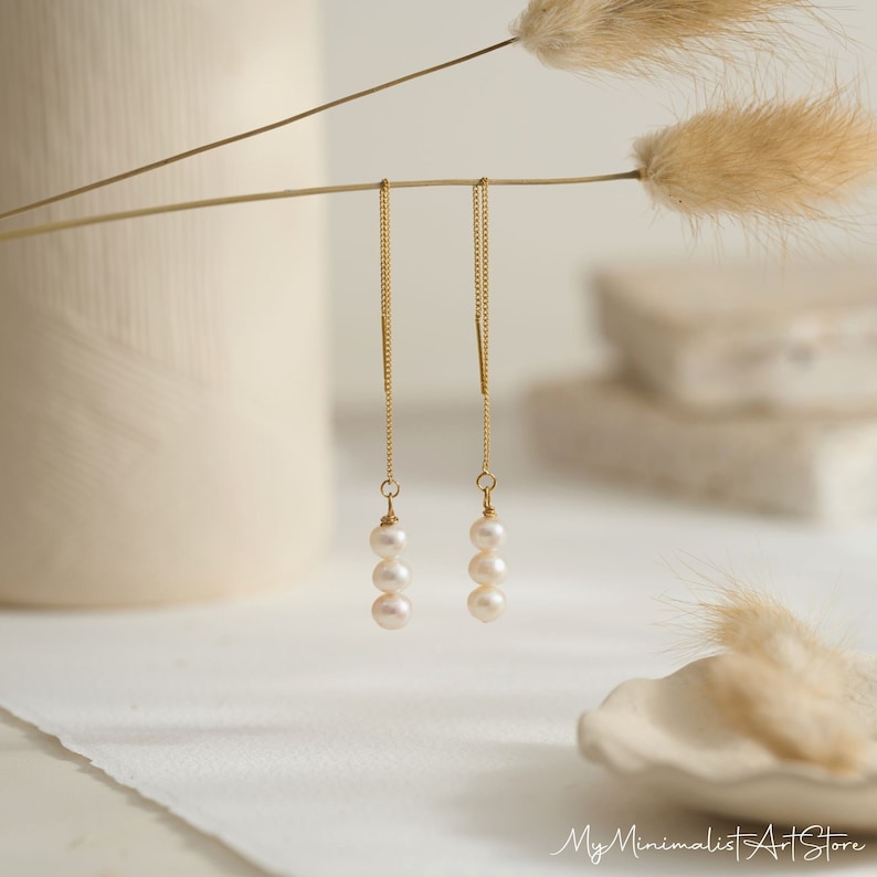 Freshwater Long Pearl Drop Earrings, Gold Pearl Earrings, Minimalist Wedding Jewelry, Bridal Earrings, Bridesmaid Gift, Christmas Gift image 1