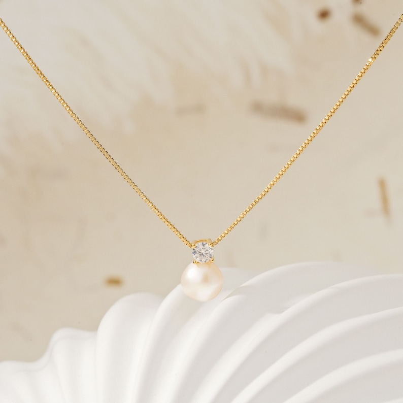 Dainty Freshwater Pearl Necklace with CZ Diamond, Minimalist Necklace, Bridal Necklace, Necklace for Women, Wedding Jewelry, Bridesmaid Gift image 8