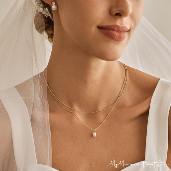 Tiny Freshwater Pearl Necklace, Double Layer Pearl Necklace, Gold