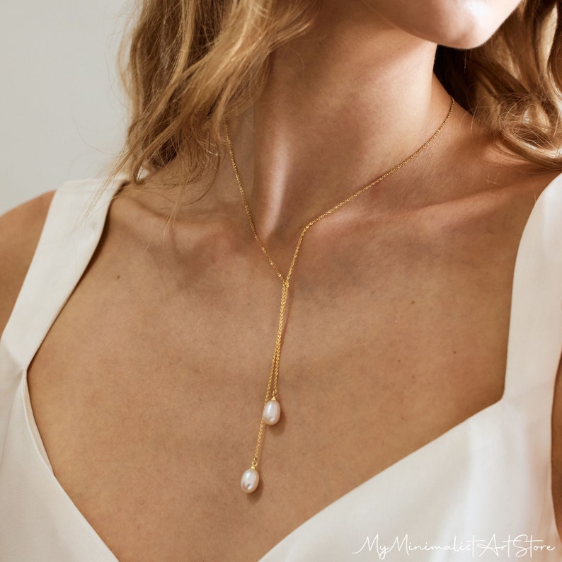 Freshwater Pearl Necklace, Pearl Drop Necklace, Lariat Necklace, Bridal Necklace, Minimalist Necklace, Wedding Jewelry, Bridesmaid Gift image 4