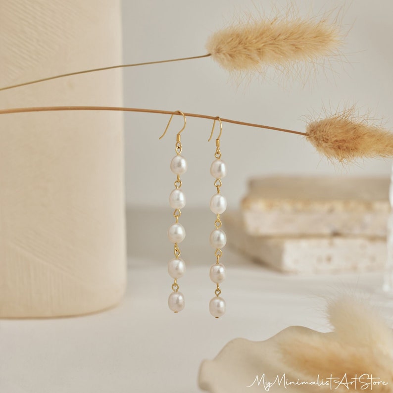 Real Freshwater Pearl Drop Earrings, Long Pearl Earrings, Gold Pearl Dangle Earrings, Wedding Earrings, Bridal Jewelry, Bridesmaid Gift image 1