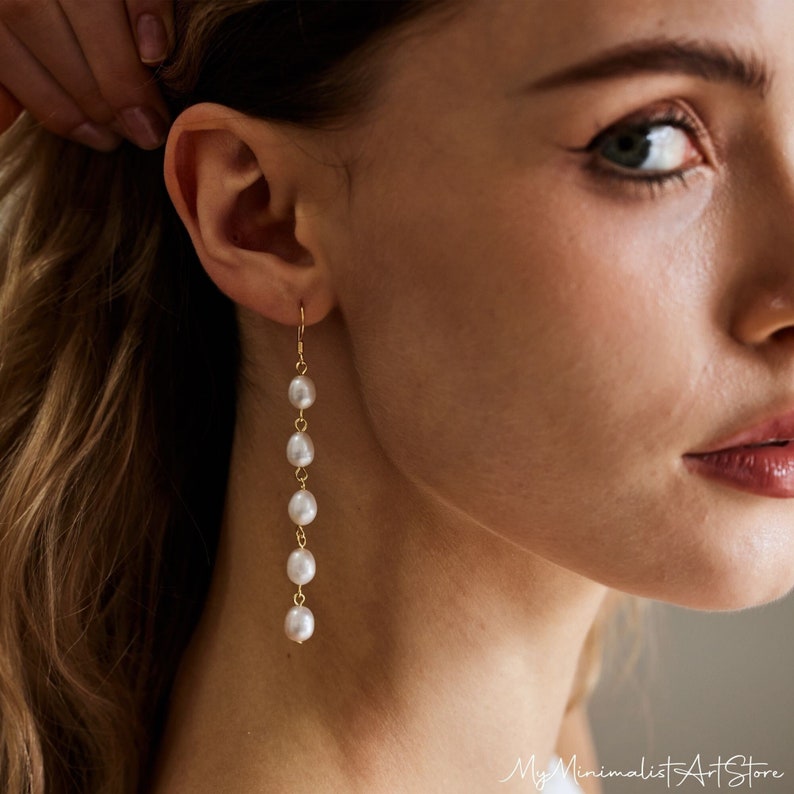Real Freshwater Pearl Drop Earrings, Long Pearl Earrings, Gold Pearl Dangle Earrings, Wedding Earrings, Bridal Jewelry, Bridesmaid Gift image 3
