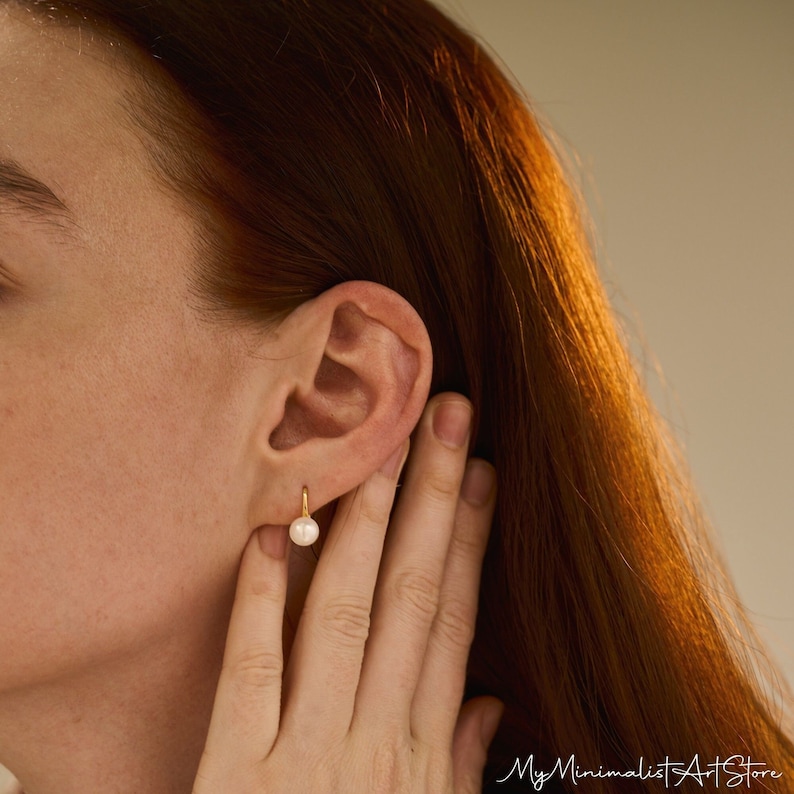 Natural Freshwater Pearl Hook Earrings, Minimalist Earrings, Bridal Earrings, Gold Huggie Earrings, Wedding Earrings, Bridesmaid Gift image 8