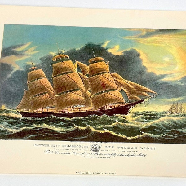 Currier & Ives Clipper Ship Dreadnought Lithograph, Beautiful Color Print Off Tuskar Light, 8.5x12 Print on 11x14 Sheet, Published 1946