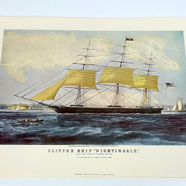 Currier & Ives Clipper Ship Nightingale Lithograph, Beautiful Color Print Off the Battery NY, 8.5x12 Print on 11x14 Sheet, Published 1946