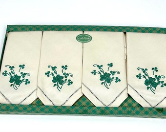 Vintage Linen Four Handmade Handkerchiefs Made in Ireland in Original Box Never Used, Green Shamrock Embroidery, Box Measures 12x7