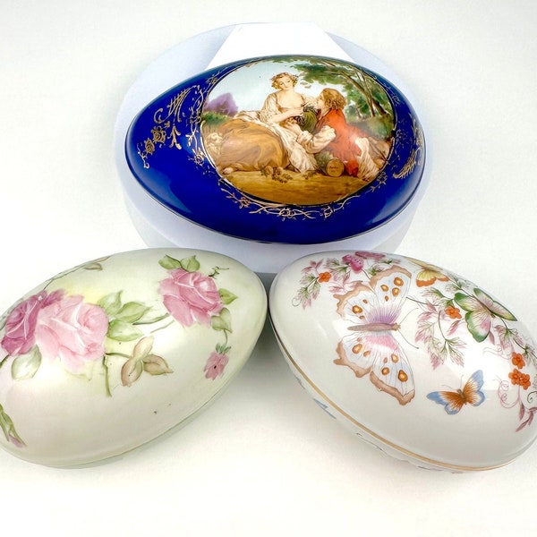 Vintage Ceramic Porcelain Egg Shaped Boxes, Butterflies, Hand Painted Roses, Victorian Couple, 6x3.5x3.5