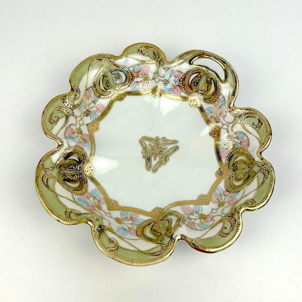 Antique Noritake Nippon Moriage Serving Dish Hand Painted Porcelain Early 20th Century 1900s Made in Japan Green Gold Accents