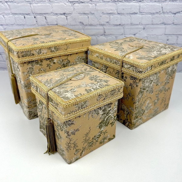Toile Nesting Boxes With Gold Tassels, Set of 3, Linen Cotton Blend, Safari Animals