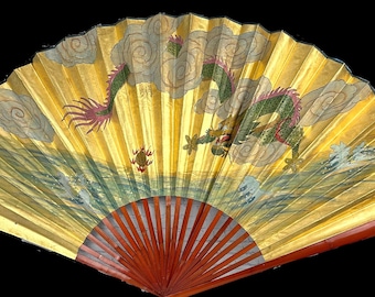 Vintage Gold Gilt Chinese Wall Fan, Hand Painted Dragon Extra Large 40x72, Watercolor on Heavy Paper, Red Lacquer Bamboo Spine, Decorative