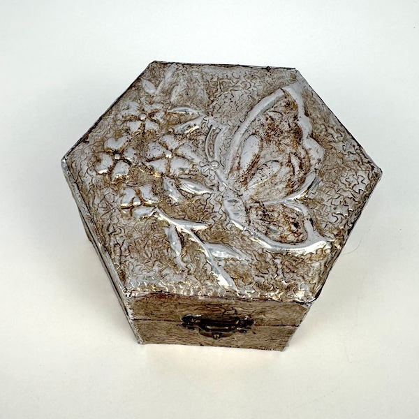 Vintage Repousse Butterfly Octagon Trinket Storage Box, Wood With Silver Overlay, Floral Box With Brass Clasp