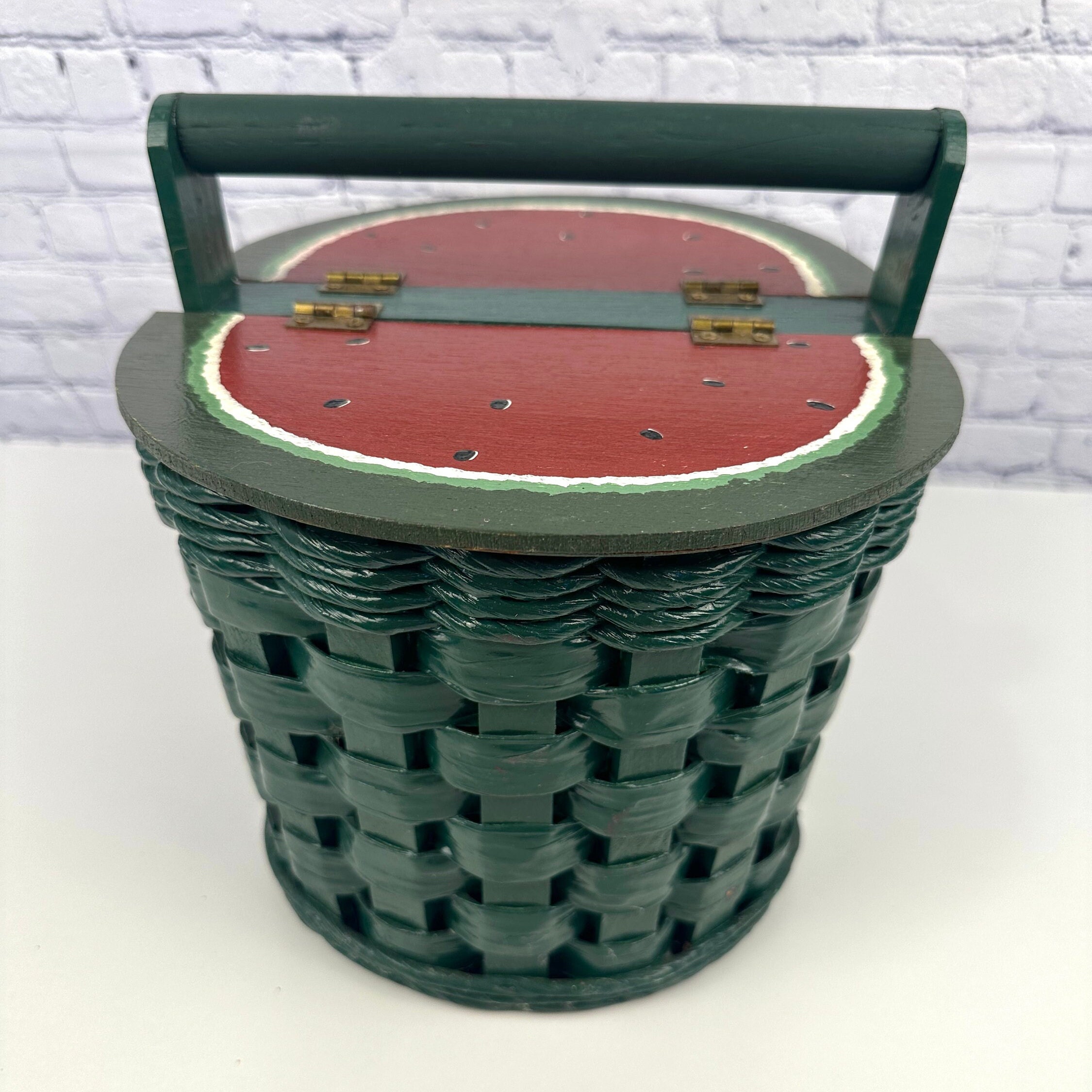 Vintage Watermelon Picnic Basket Folk Art Wood Wicker 13x9.5x10 Inches High  
