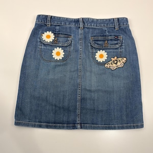 Reworked Tommy Hilfiger Denim Mini Skirt Size 4 Embroidered Daisy and Moth Patches Vintage Cottagecore Jean Skirt Custom Floral Aesthetic