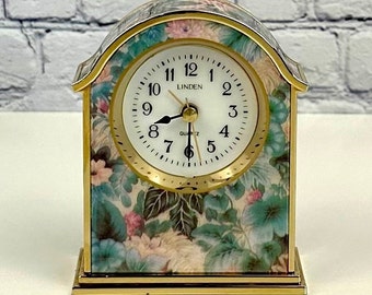 Vintage Linden Quartz Desk Clock, WORKS Brass and Floral, Arched Top 3x1.5x3.5