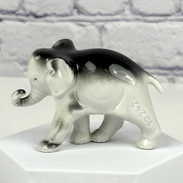 Vintage Baby Elephant, Gray and White Porcelain or Bone China With Marking 10242, Unsure of Maker, 2.5x1x2 Inches