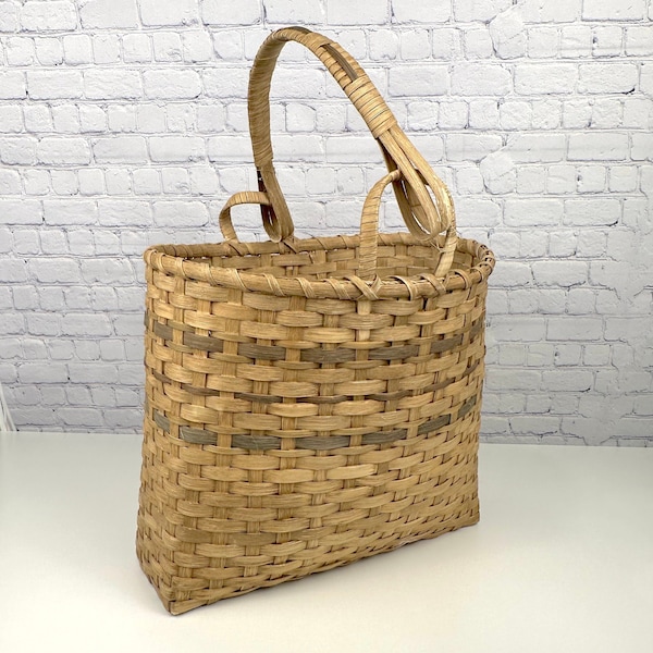 Vintage Market Storage Basket With Single Loop Handle, Green Accents, Rattan Reed Woven French, Flexible 15x5x15 Without Handle