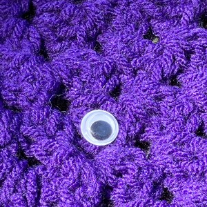 May include: A single googly eye with a black pupil and a white plastic rim is attached to a purple crocheted fabric.