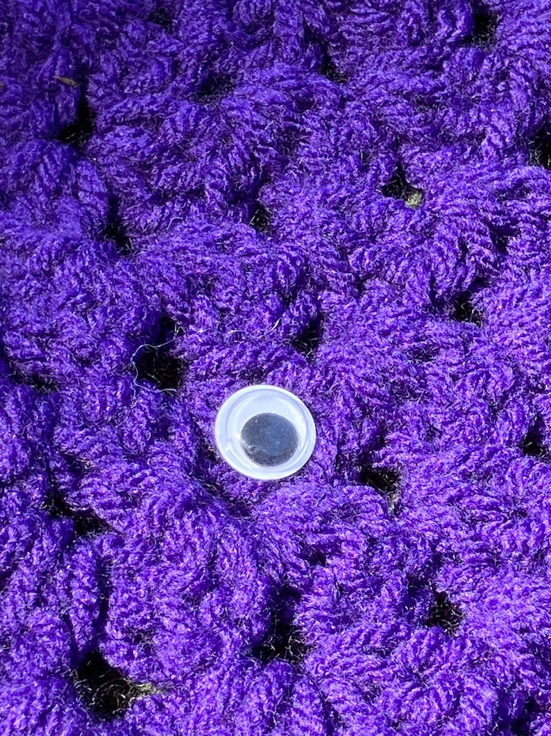 May include: A single googly eye with a black pupil and a white plastic rim is attached to a purple crocheted fabric.
