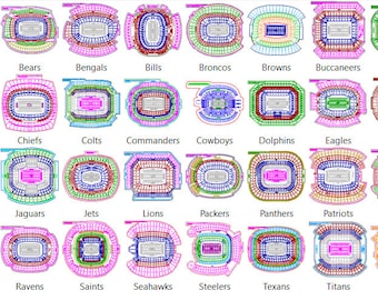 Könnte beinhalten: Ein Diagramm, das die Luftaufnahme aller 32 NFL-Stadien zeigt, wobei jedes Stadion in einer anderen Farbe umrandet ist. Die Namen der Stadien sind unter jedem Stadion aufgelistet.