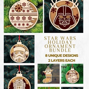 K&ouml;nnte beinhalten: Holz-Weihnachtsschmuck im Star Wars-Design, darunter Darth Vader und R2-D2. Jeder Anh&auml;nger ist lasergeschnitten mit detaillierten Designs und einem roten Band zum Aufh&auml;ngen. Der Text lautet "STAR WARS HOLIDAY ORNAMENT BUNDLE 8 UNIQUE DESIGNS 2 LAYERS EACH."