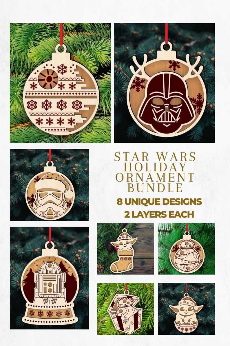 K&ouml;nnte beinhalten: Holz-Weihnachtsschmuck im Star Wars-Design, darunter Darth Vader und R2-D2. Jeder Anh&auml;nger ist lasergeschnitten mit detaillierten Designs und einem roten Band zum Aufh&auml;ngen. Der Text lautet "STAR WARS HOLIDAY ORNAMENT BUNDLE 8 UNIQUE DESIGNS 2 LAYERS EACH."