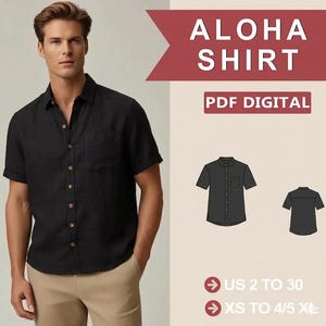 May include: A black short-sleeved button-down shirt with a chest pocket, presented as a PDF digital pattern. The graphic includes front and back technical sketches, with sizing information listed as US 2 to 30 and XS to 4/5 XL for the sewing project.