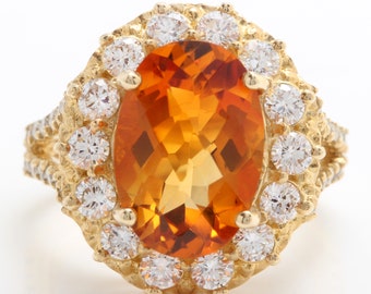5.31 Carat Natural Madeira Citrine and Diamonds in 14K Solid Yellow Gold Ring