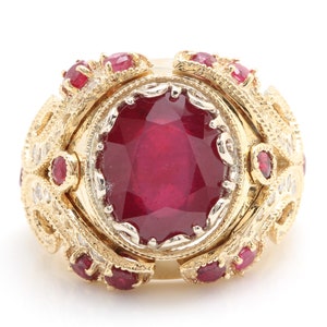 13.29 Carat Natural Red Ruby and Diamonds in 14K Solid Yellow Gold Men’s Ring