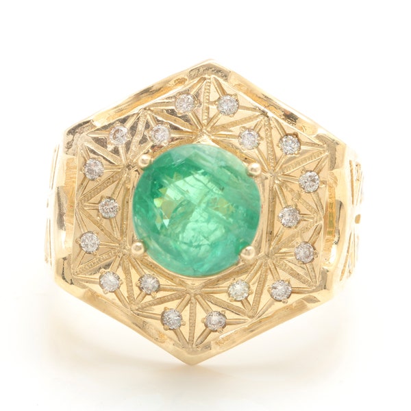 3.50 Carat Natural Emerald and Diamonds in 14K Solid Yellow Gold Men’s Ring