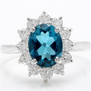 3.75 Carat Natural London Blue Topaz and Diamonds in 14K Solid White Gold Ring