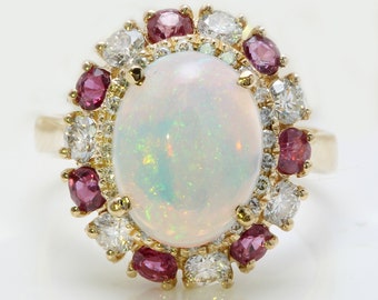 4.39 Carat Natural Opal Ruby and Diamonds in 14K Solid Yellow Gold Women Ring