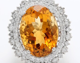 15.09 Carat Natural Madeira Citrine and Diamond in 14K Solid White Gold Ring