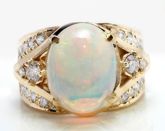 7.10 Carat Natural Ethiopian Opal and Diamonds in 14K Yellow Gold Women Ring