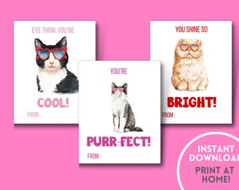 18 Instant Download Cat Printable Valentine's Day Cards, Editable Classroom Valentine Cards, Cat Valentine Cards, Class Valentine, vday tags