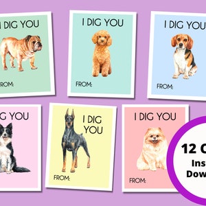 12 Instant Download Puppy Printable Valentine&#39;s Day Cards, Classroom Valentine Cards, Dog Valentine Cards, Valentines for kids, V-day cards